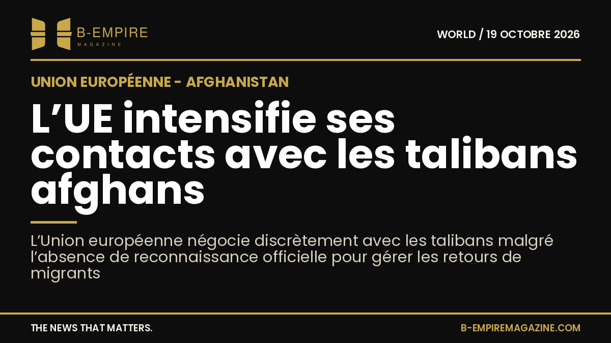 Titre en blanc sur fond noir avec un bandeau or sur le côté évoquant l’Union européenne et l’Afghanistan
