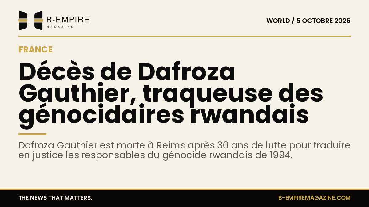 Portrait de Dafroza Gauthier, militante engagée contre les génocidaires rwandais, avec un fond papier et un titre en encre.