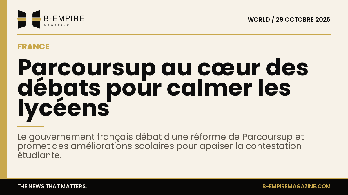 Visuel avec bande or et titre encre sur fond papier évoquant la réforme de Parcoursup et les débats parlementaires en France.