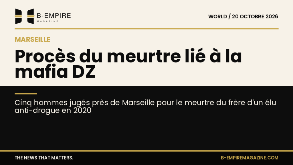 Affiche du procès avec un juge et silhouette de cinq accusés dans une salle d'audience près de Marseille