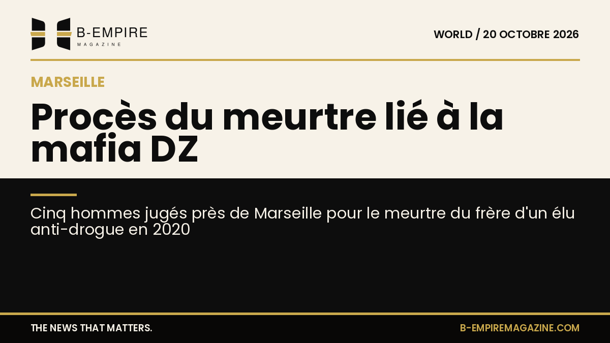 Affiche du procès avec un juge et silhouette de cinq accusés dans une salle d'audience près de Marseille