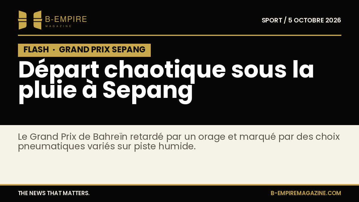 Photo d'un Grand Prix de Formule 1 sous la pluie avec des voitures sur une piste humide et des stands en arrière-plan.