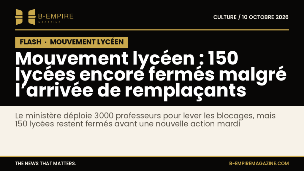Visuel texte sur fond noir avec mention FLASH en haut, titre en blanc et or indiquant 150 lycées fermés malgré 3000 remplaçants déployés