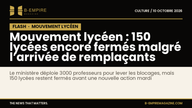 Visuel texte sur fond noir avec mention FLASH en haut, titre en blanc et or indiquant 150 lycées fermés malgré 3000 remplaçants déployés