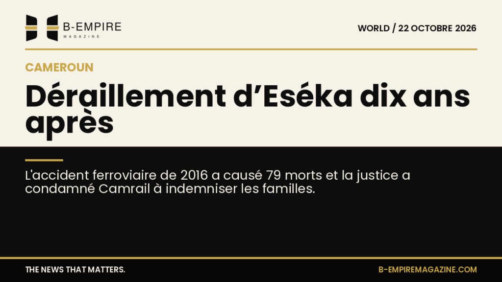 Image symbolique d’un train sur une voie ferrée au coucher du soleil évoquant la mémoire de la catastrophe d’Eséka