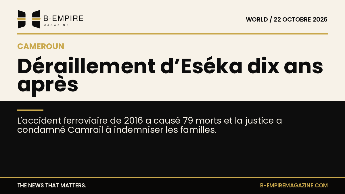 Image symbolique d’un train sur une voie ferrée au coucher du soleil évoquant la mémoire de la catastrophe d’Eséka