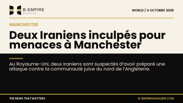 Texte sur fond partagé entre papier et noir avec titre sur l'inculpation de deux Iraniens pour attaque à Manchester