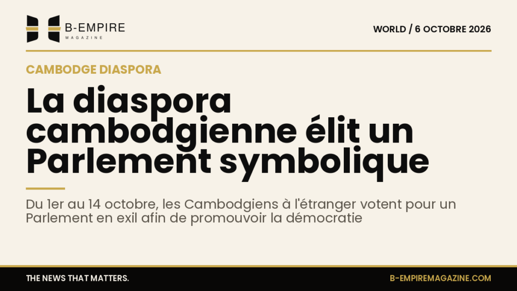 Visuel avec fond papier, titre en encre noire et éléments graphiques en or, évoquant un vote symbolique au Cambodge