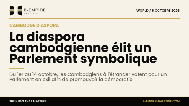 Visuel avec fond papier, titre en encre noire et éléments graphiques en or, évoquant un vote symbolique au Cambodge