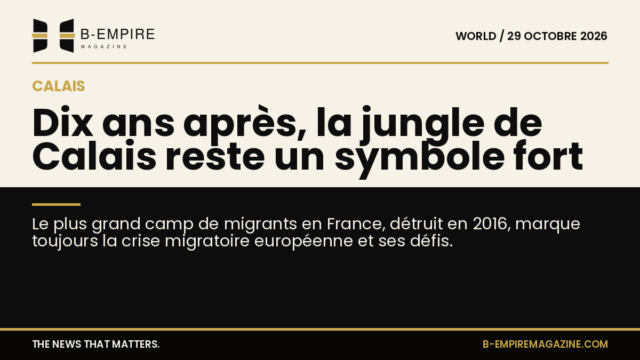 Photographie symbolique du camp de la jungle de Calais, un bidonville de migrants démantelé en 2016, représentant la crise migratoire.