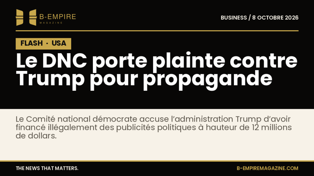 Visuel noir avec bloc FLASH en blanc et or annonçant la plainte du DNC contre Trump pour propagande politique financée par l’État