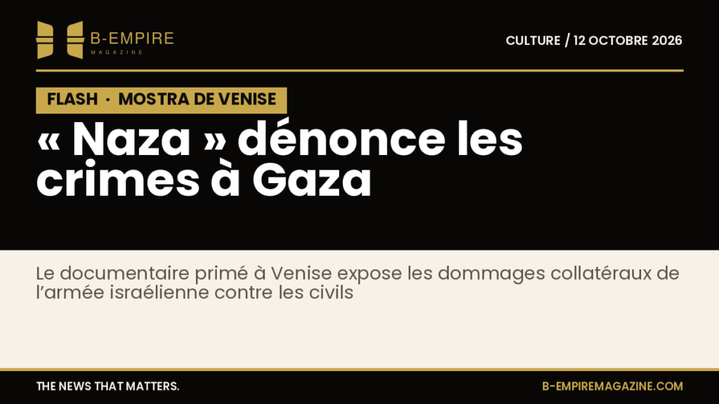 Affiche du documentaire « Naza » sur fond noir avec texte blanc et or