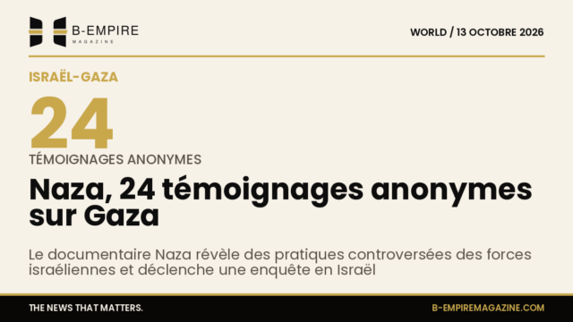 Affiche du documentaire Naza avec un fond sombre et un texte en or évoquant Gaza et Israël