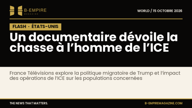 Visuel sombre avec le mot FLASH en blanc sur fond noir, évoquant une information urgente sur la chasse à l’homme de l’ICE