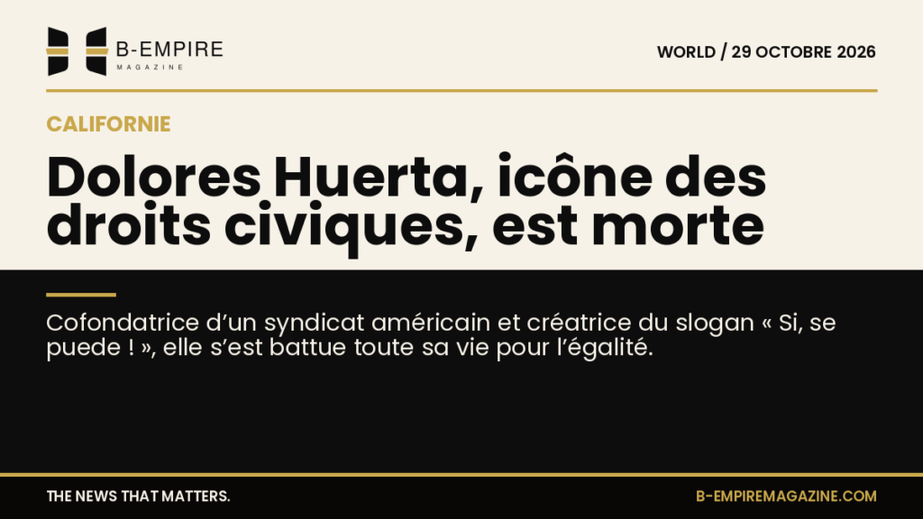 Portrait de Dolores Huerta souriante, militante des droits civiques américaine, sur fond clair et noir divisé