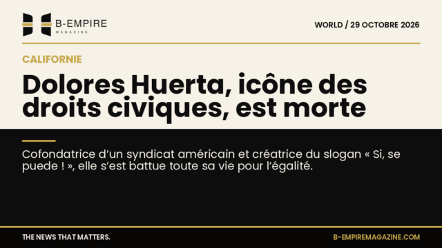 Portrait de Dolores Huerta souriante, militante des droits civiques américaine, sur fond clair et noir divisé