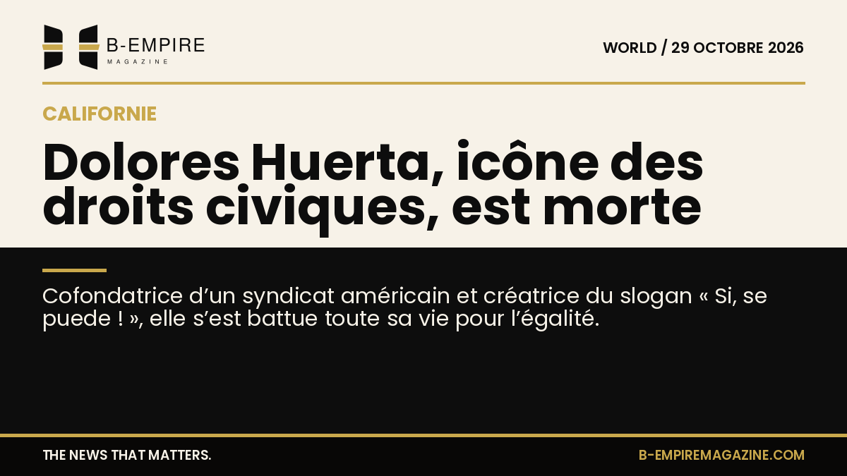 Portrait de Dolores Huerta souriante, militante des droits civiques américaine, sur fond clair et noir divisé
