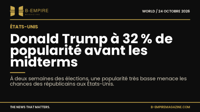 Graphique stylisé montrant le chiffre 32 % en or sur fond noir avec le visage de Donald Trump en arrière-plan