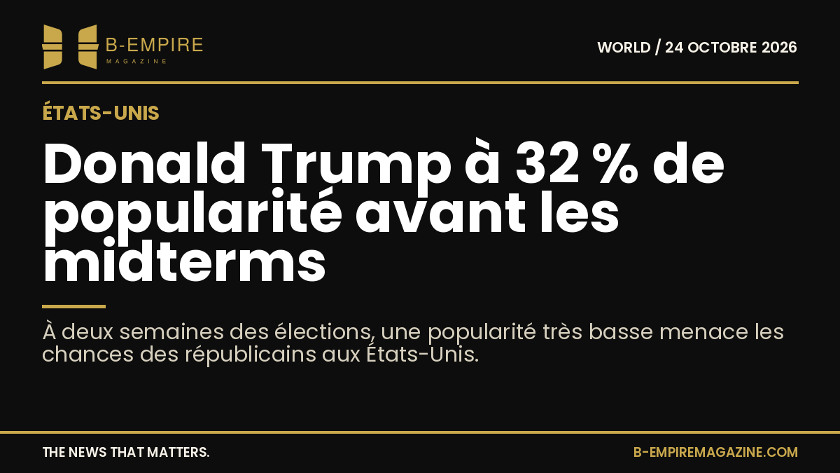 Graphique stylisé montrant le chiffre 32 % en or sur fond noir avec le visage de Donald Trump en arrière-plan