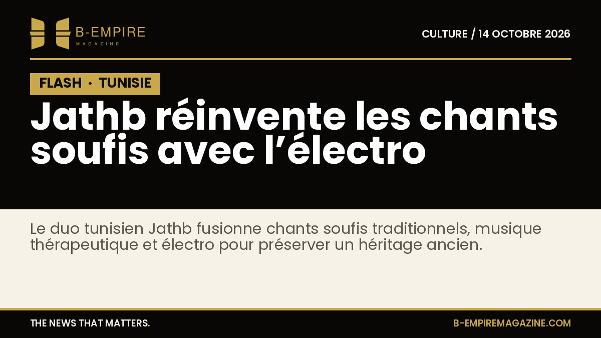 Affiche stylisée avec le nom du duo Jathb et des motifs soufis traditionnels en fond noir et or.