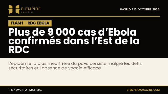 Graphique sobre avec texte indiquant la persistance de l’épidémie d’Ebola en RDC et le nombre de cas confirmés supérieur à 9 000.