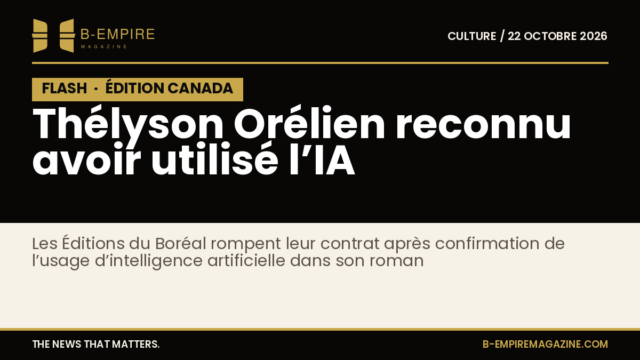 Visuel avec un bloc noir et la mention FLASH en blanc, texte en or annonçant la rupture entre Thélyson Orélien et son éditeur canadien après usage d’intelligence artificielle.