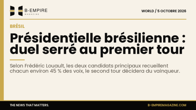 Graphique élégant avec bande or et titre encre sur fond papier illustrant la présidentielle brésilienne et le duel serré entre deux candidats à 45% des voix.
