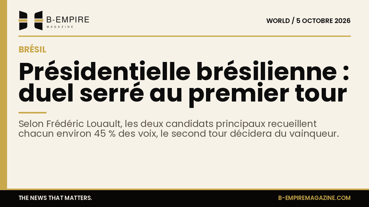 Graphique élégant avec bande or et titre encre sur fond papier illustrant la présidentielle brésilienne et le duel serré entre deux candidats à 45% des voix.