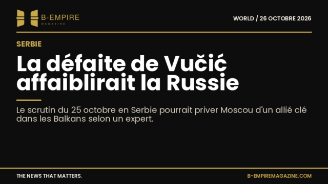 Illustration sombre du scrutin serbe avec un portrait d'Aleksandar Vučić et une carte des Balkans en arrière-plan.