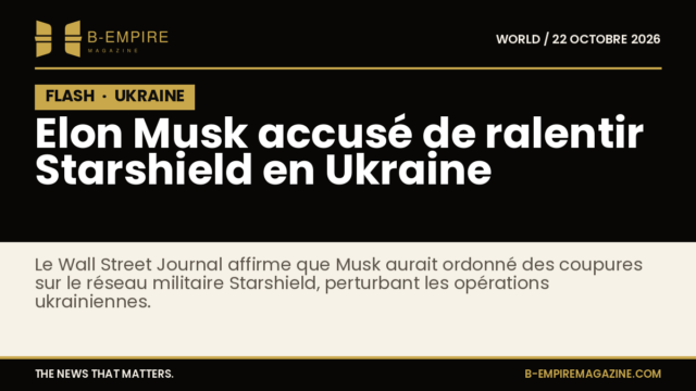 Visuel sur fond noir avec bloc noir marqué FLASH en or et titre blanc concernant Elon Musk et Starshield en Ukraine.