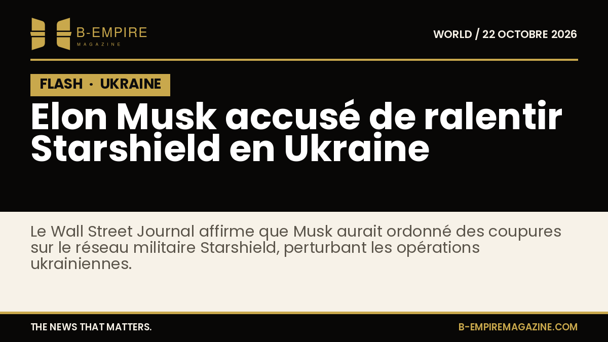 Visuel sur fond noir avec bloc noir marqué FLASH en or et titre blanc concernant Elon Musk et Starshield en Ukraine.