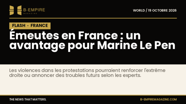 Image symbolique avec fond noir et texte blanc et or illustrant les émeutes en France et Marine Le Pen.