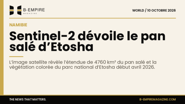 Image satellite Sentinel-2 en fausses couleurs montrant le pan salé blanc et la végétation rouge vif du parc national d’Etosha en Namibie