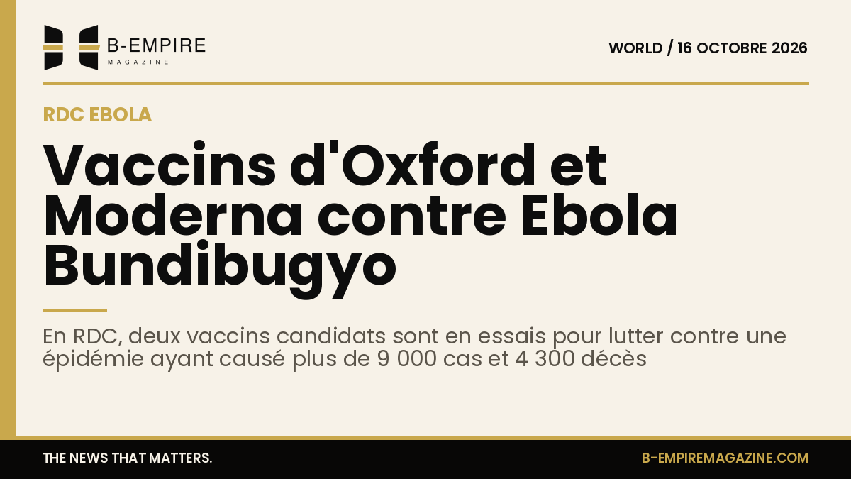 Illustration avec le virus Ebola et les logos d’Oxford et Moderna sur fond papier avec une bande or