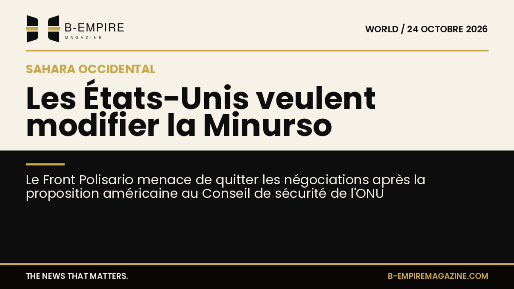 Carte stylisée du Sahara occidental avec le logo de l'ONU et les drapeaux des États-Unis et du Front Polisario