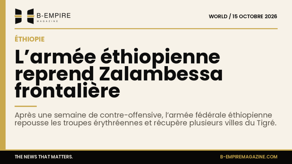 Carte stylisée avec une bande or en haut, titre en encre indiquant la reprise de Zalambessa par l’armée éthiopienne