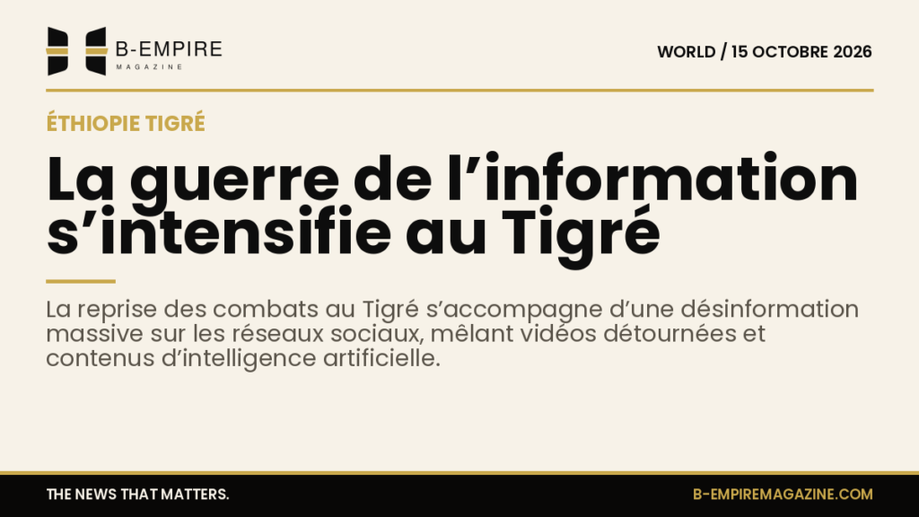 Titre sur fond papier avec un sous-titre décrivant la désinformation autour du conflit au Tigré en Éthiopie