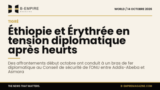 Carte stylisée montrant la région du Tigré entre l'Éthiopie et l'Érythrée avec des symboles de tension diplomatique
