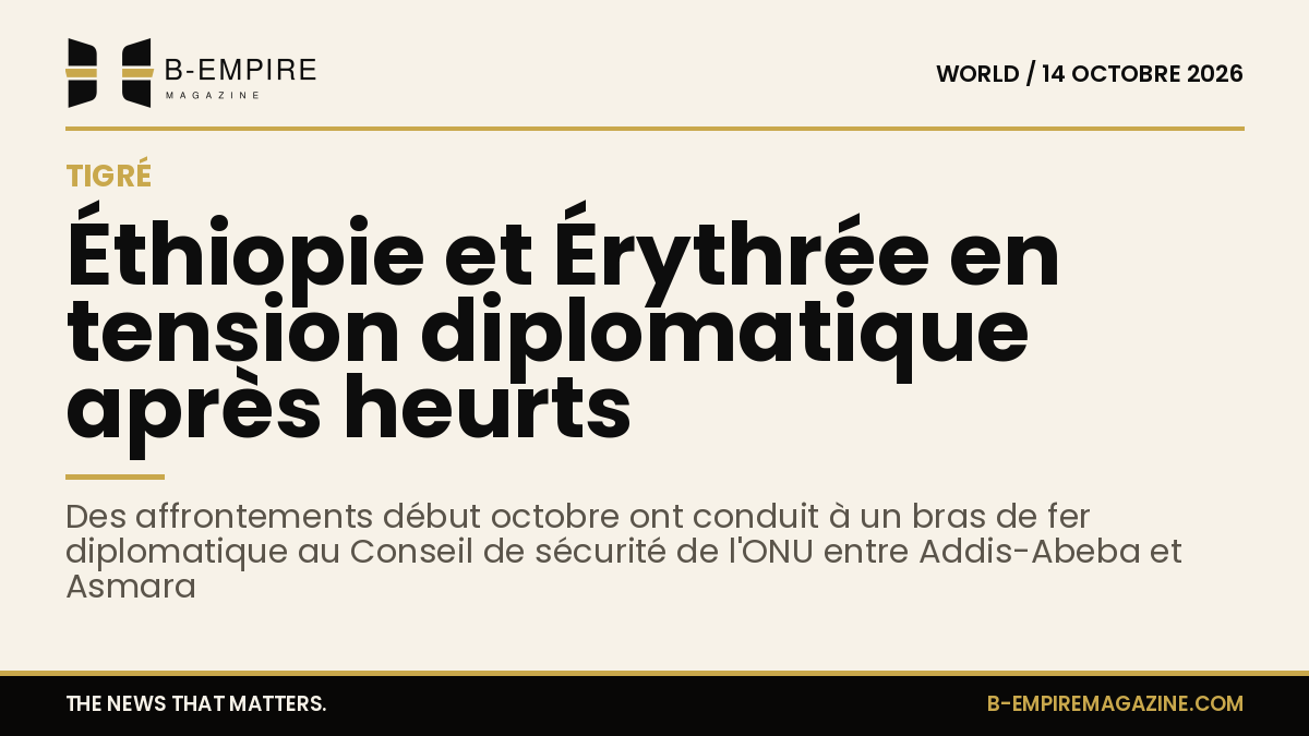 Carte stylisée montrant la région du Tigré entre l'Éthiopie et l'Érythrée avec des symboles de tension diplomatique