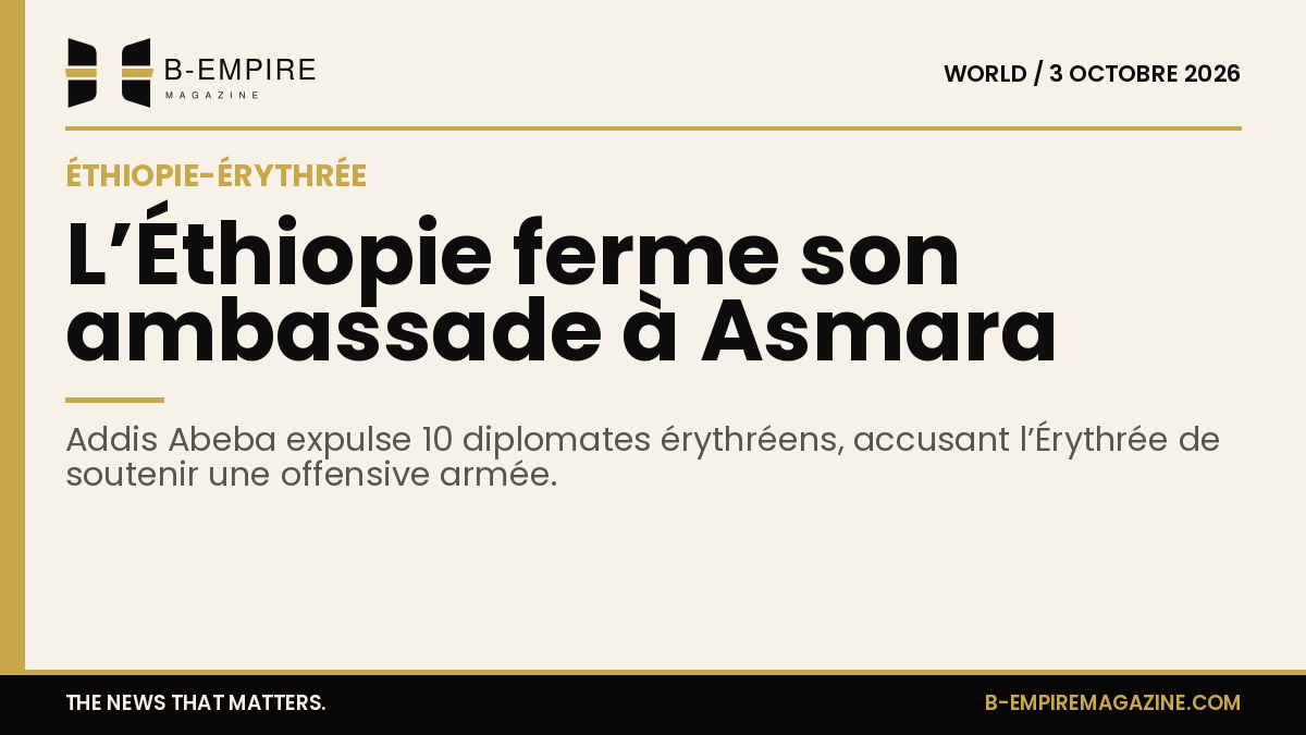 Carte avec les villes d'Asmara et Addis Abeba indiquant la fermeture d'ambassade et l'expulsion de diplomates entre Éthiopie et Érythrée.