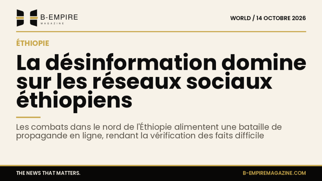 Illustration représentant des écrans de smartphones affichant des réseaux sociaux avec des informations conflictuelles sur fond de carte de l'Éthiopie