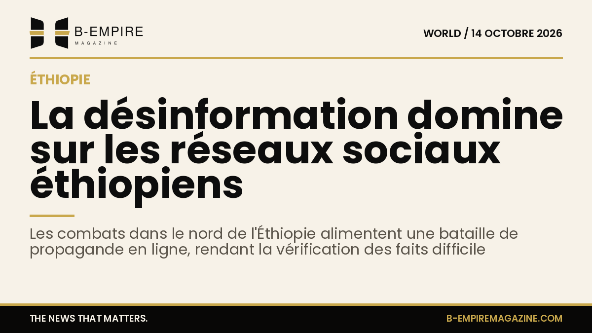 Illustration représentant des écrans de smartphones affichant des réseaux sociaux avec des informations conflictuelles sur fond de carte de l'Éthiopie