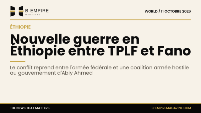 Carte stylisée de l'Éthiopie avec zones en conflit indiquées, titre sur fond papier avec mise en page sobre.