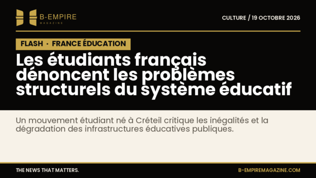 Visuel noir avec bloc FLASH en blanc, titre en encre et or évoquant la mobilisation étudiante en France contre les inégalités du système éducatif.