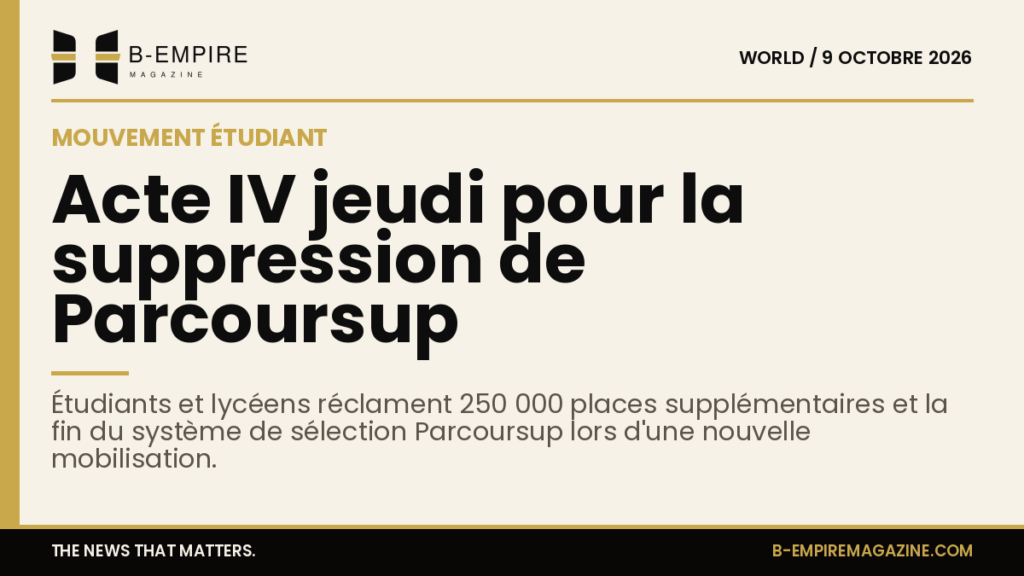 Affiche d'annonce pour la mobilisation étudiante contre Parcoursup avec texte doré sur bande or et fond papier