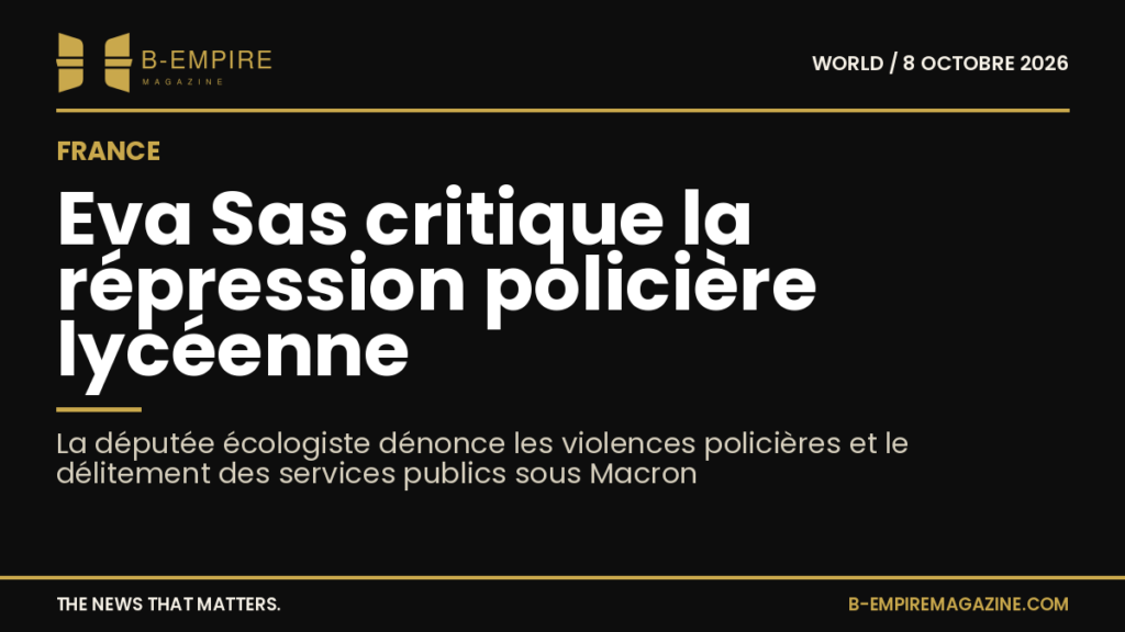 Portrait d'Eva Sas, députée écologiste, sur fond sombre avec texte blanc et or.