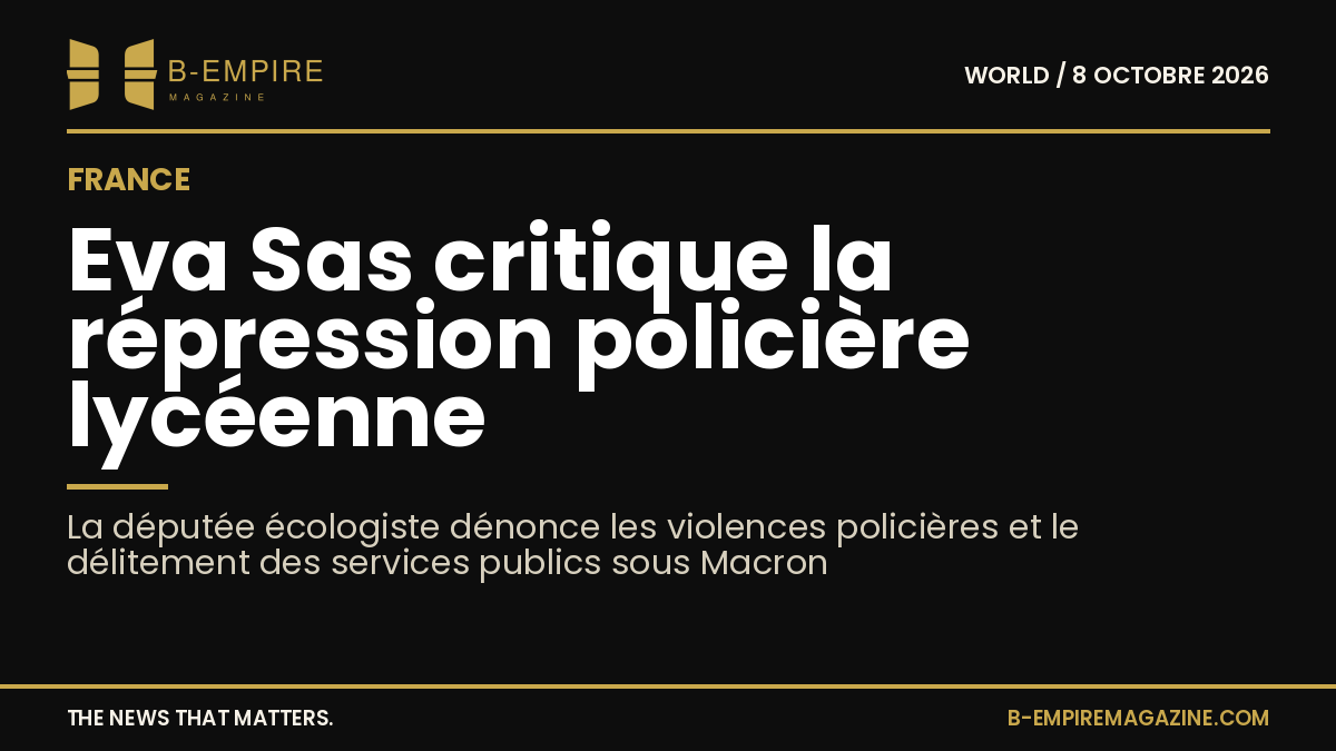 Portrait d'Eva Sas, députée écologiste, sur fond sombre avec texte blanc et or.
