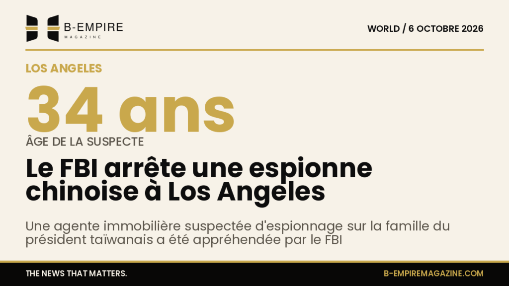 Visuel avec le chiffre 34 en grand, fond papier, titre en encre mentionnant arrestation à Los Angeles par le FBI pour espionnage