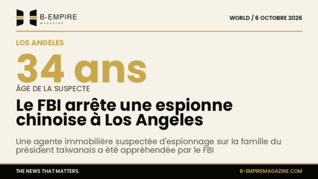 Visuel avec le chiffre 34 en grand, fond papier, titre en encre mentionnant arrestation à Los Angeles par le FBI pour espionnage