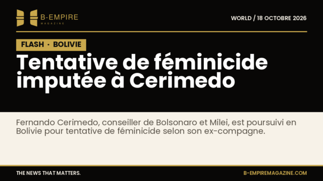 Visuel avec bloc noir et texte en lettres or indiquant une information urgente sur Fernando Cerimedo accusé en Bolivie
